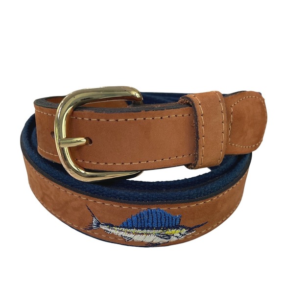 World Wide Sportsman Other - World Wide Sportsman Men Belt Leather Embroidered Sailfish 44 Brown Navy Boating